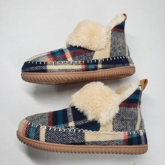 Dearfoams Alpine Moritz Bootie House Slippers Womens 9 Cream Plaid - Picture 7 of 16